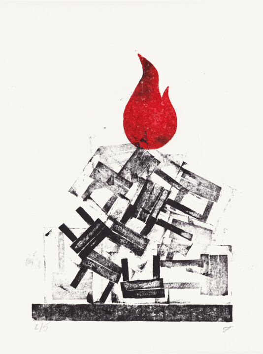 Druckgrafik mit dem Titel "on Fire" von Olesia Krivolapova, Original-Kunstwerk, Holzschnitt
