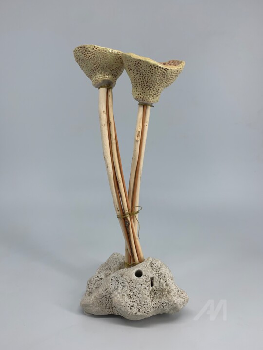 Sculpture titled "Two flowers on a st…" by Olesia Dvorak-Galik, Original Art, Clay