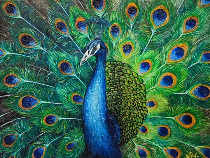 Painting titled "Peacock" by Olesia Lebedenko, Original Artwork, Oil Mounted on Wood Stretcher frame