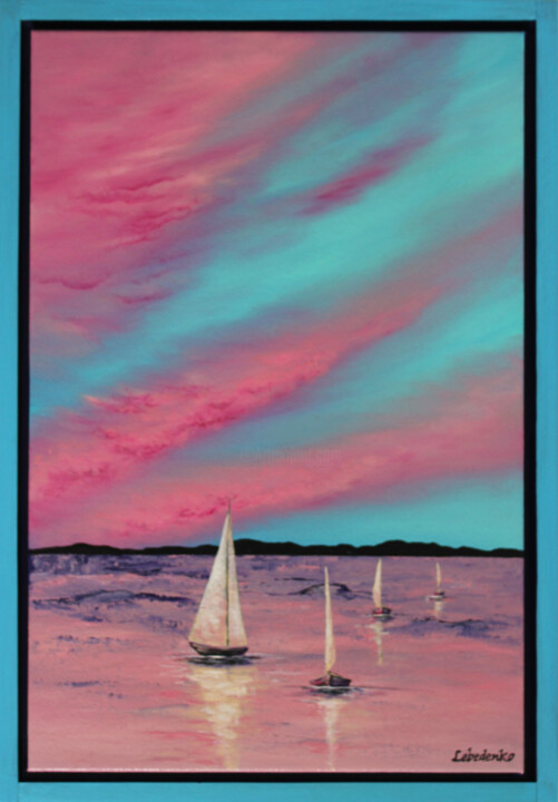 Painting titled "Sailing Boats - sea…" by Olesia Lebedenko, Original Artwork, Oil Mounted on Wood Stretcher frame