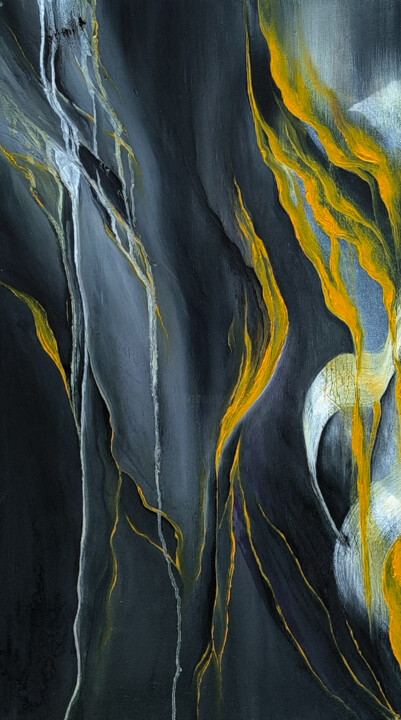 Painting titled "Black and yellow ar…" by Olesia Lebedenko, Original Artwork, Oil Mounted on Wood Stretcher frame