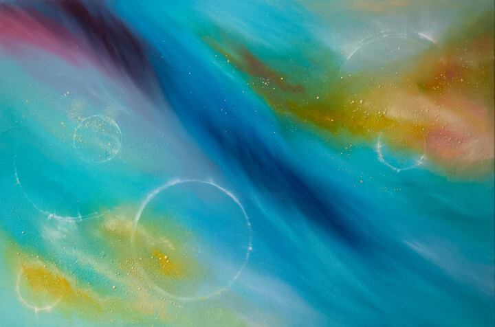 Painting titled "Azure space, univer…" by Olesia Lebedenko, Original Artwork, Oil Mounted on Wood Stretcher frame