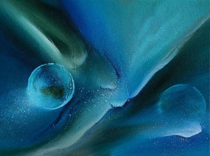 Painting titled "Blue space, univers…" by Olesia Lebedenko, Original Artwork, Oil Mounted on Wood Stretcher frame