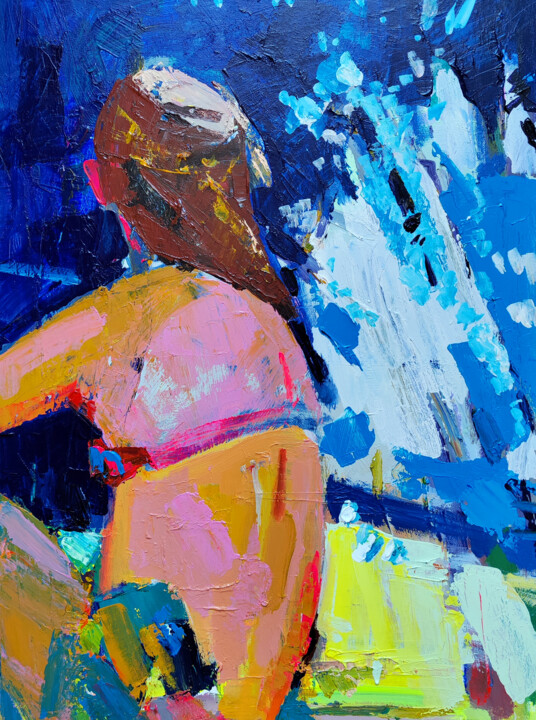 Картина под названием "A Girl and a wave" - Olesia Lishaeva, Подлинное произведение искусства, Акрил