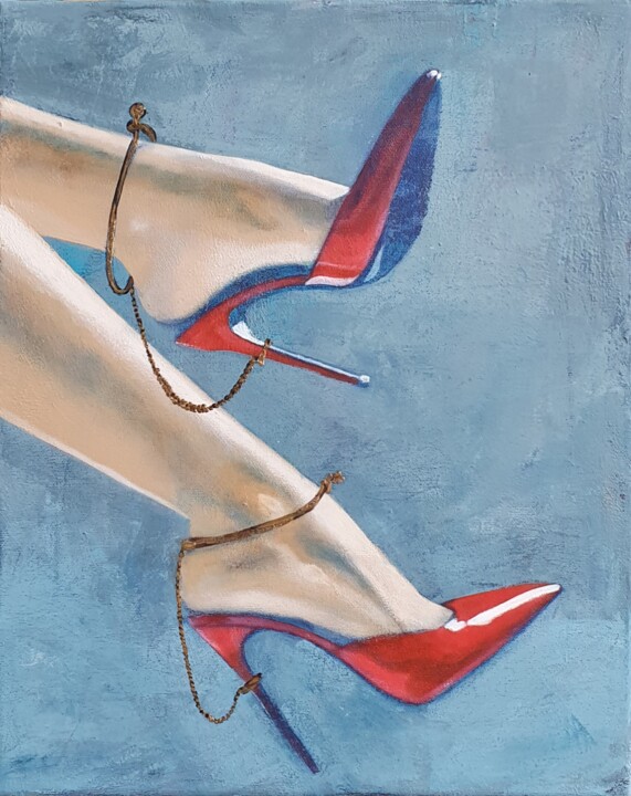 Painting titled "Red heels - erotic,…" by Olesya Izmaylova, Original Artwork, Acrylic Mounted on Wood Stretcher frame