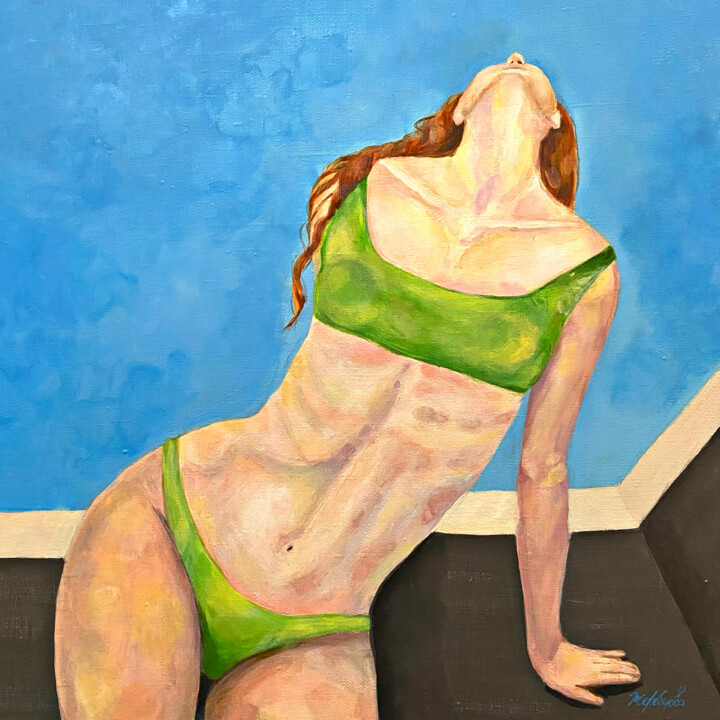 Pintura intitulada "Girl by the pool" por Olesya Lugina, Obras de arte originais, Acrílico Montado em Armação em madeira