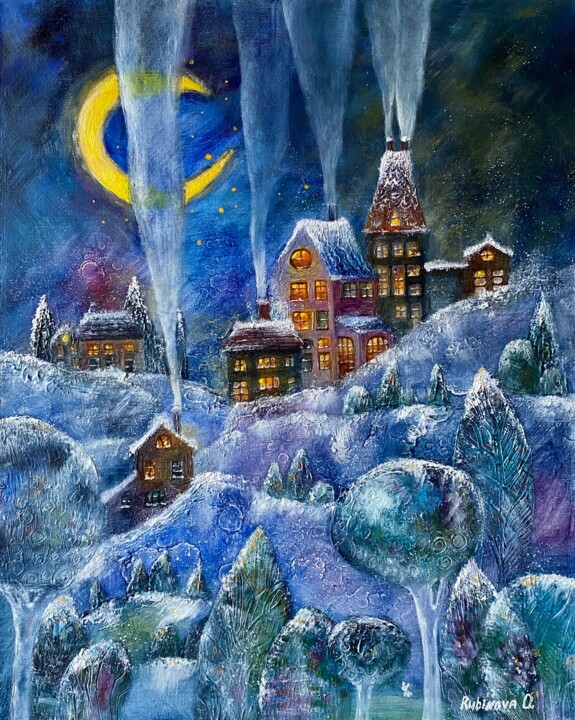Schilderij getiteld "WINTER NIGHT" door Olesya Rubinova, Origineel Kunstwerk, Olie Gemonteerd op artwork_cat.