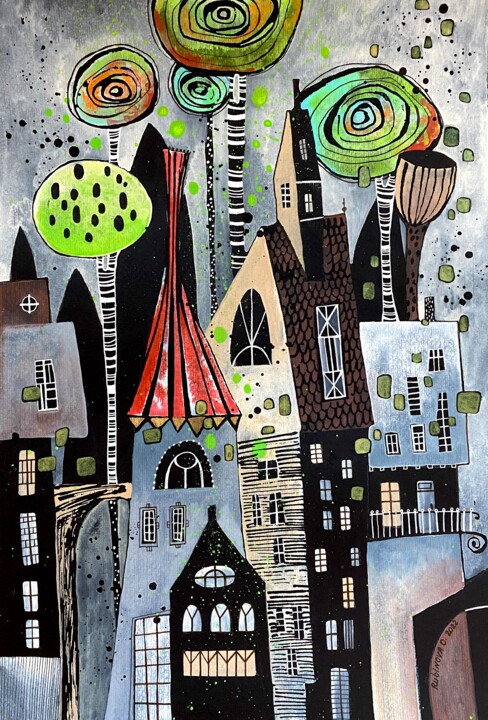 Картина под названием "WHIMSICAL CITY" - Olesya Rubinova, Подлинное произведение искусства, Акварель