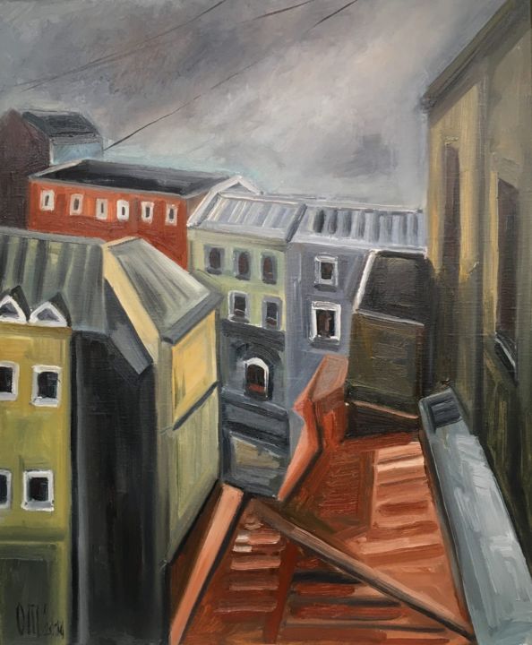Картина под названием "View from the windo…" - Olesya Turukina, Подлинное произведение искусства, Масло Установлен на Деревя…