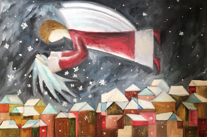 Ζωγραφική με τίτλο "Angel over the city" από Olesya Turukina, Αυθεντικά έργα τέχνης, Λάδι Τοποθετήθηκε στο Ξύλινο φορείο σκε…
