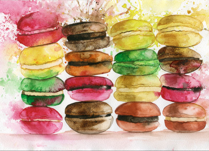 Painting titled "Macarons" by Etteila, Original Artwork, Watercolor