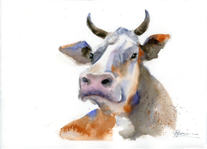 Painting titled "Cow portrait" by Paintispassion, Original Artwork, Watercolor Mounted on Cardboard