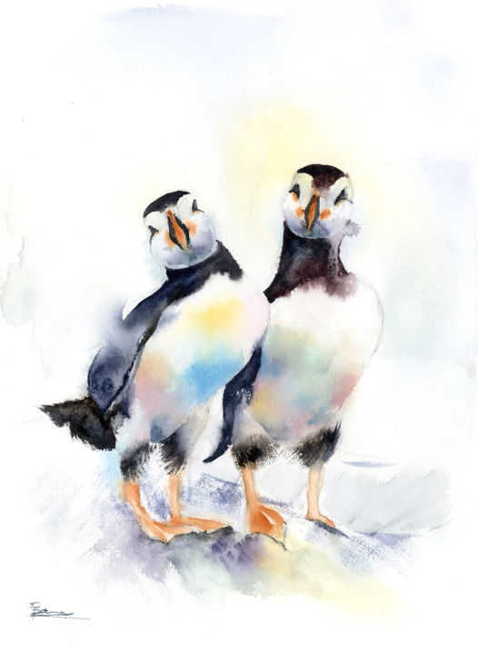 "Pair of puffins - O…" başlıklı Tablo Paintispassion tarafından, Orijinal sanat, Suluboya