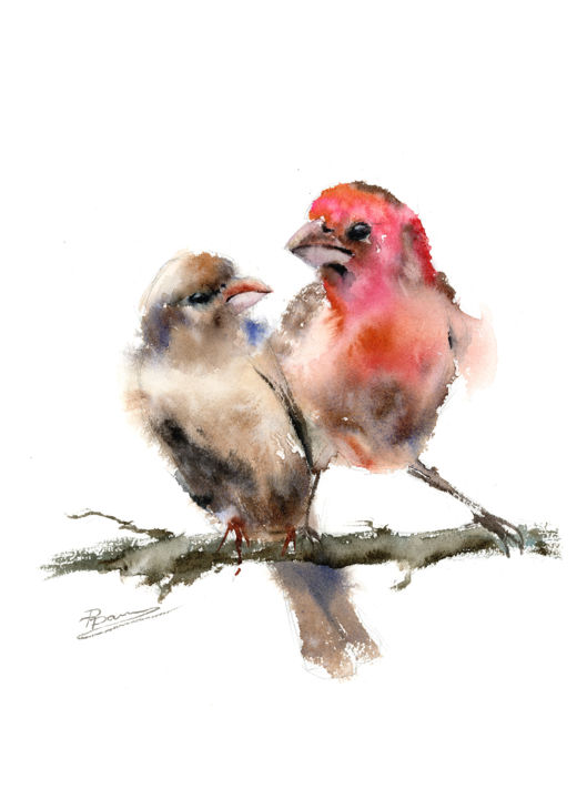 제목이 "Two purple finches…"인 미술작품 Paintispassion로, 원작, 수채화