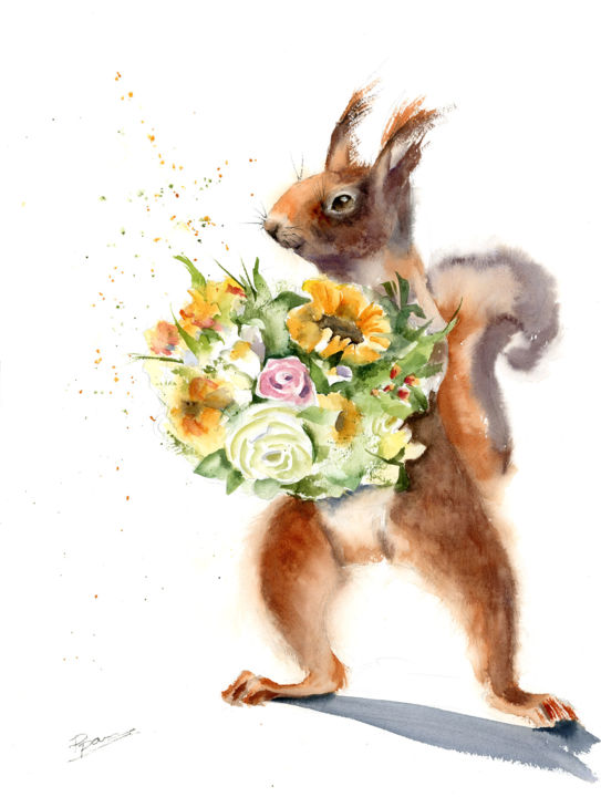 Pintura intitulada "Squirrel with flowe…" por Paintispassion, Obras de arte originais, Aquarela