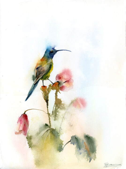 Painting titled "Green Hummingbird a…" by Paintispassion, Original Artwork, Watercolor