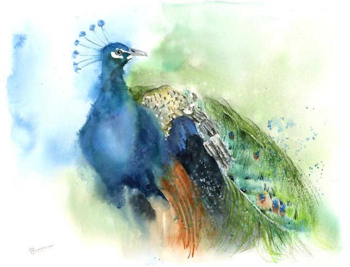 Malerei mit dem Titel "Peacock" von Paintispassion, Original-Kunstwerk, Aquarell