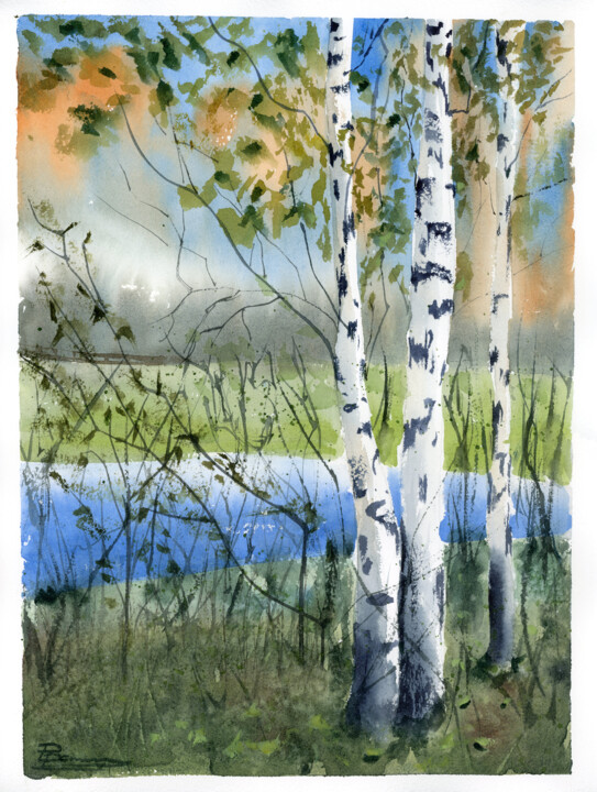Pintura intitulada "Birch Trees Landsca…" por Paintispassion, Obras de arte originais, Aquarela