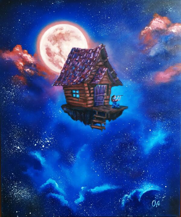 Painting titled "Lunar house" by Olga Asadulaeva, Original Artwork, Oil Mounted on Wood Stretcher frame