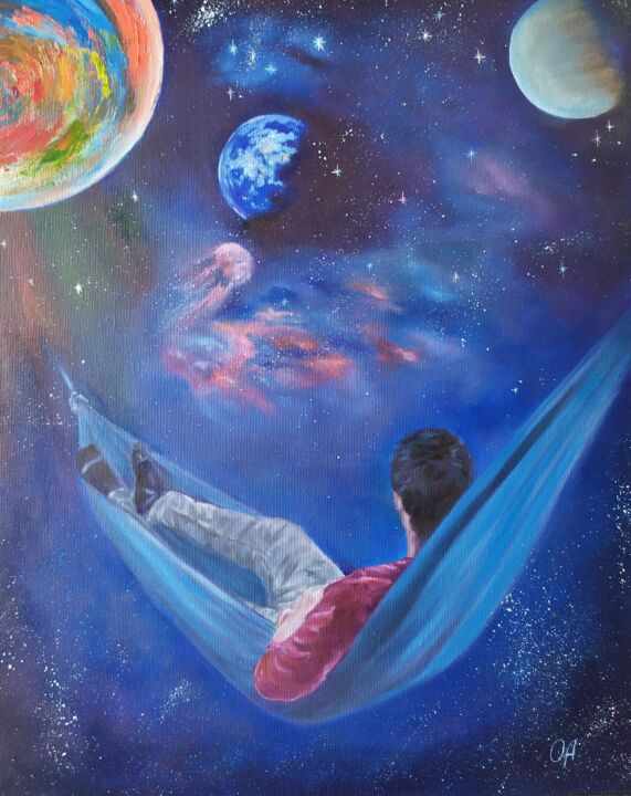 Картина под названием "Guy in a hammock" - Olga Asadulaeva, Подлинное произведение искусства, Масло Установлен на Деревянная…