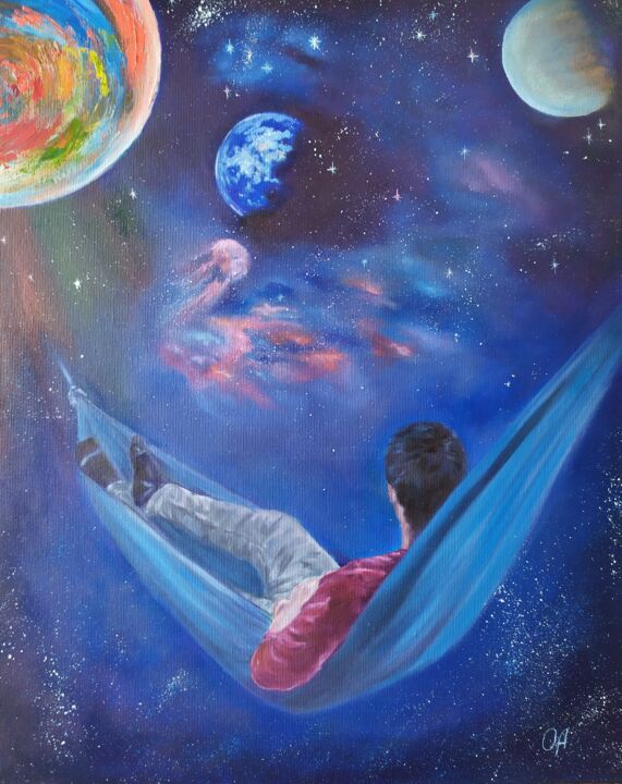 Painting titled "Guy in a hammock" by Olga Asadulaeva, Original Artwork, Oil Mounted on Wood Stretcher frame