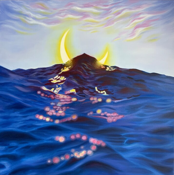 Painting titled "Moon under sea" by Olga Astri, Original Artwork, Oil