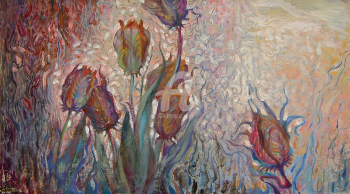 Painting titled "Tulips at dusk" by Olga Bagina, Original Artwork, Oil