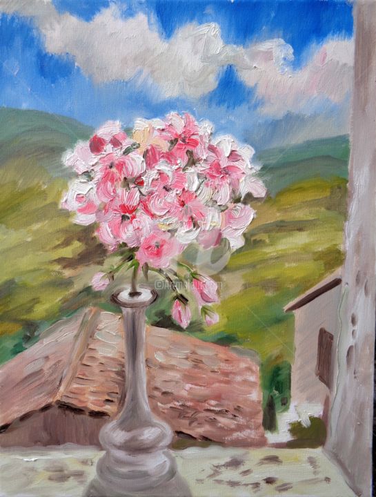 Painting titled "Pelargonium" by Olga Bagina, Original Artwork, Oil