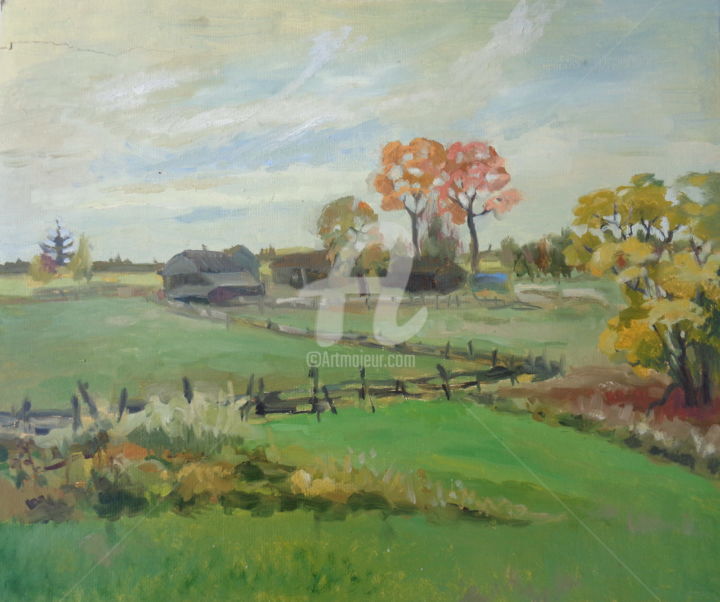 Painting titled "Mamino Village" by Olga Bagina, Original Artwork, Oil