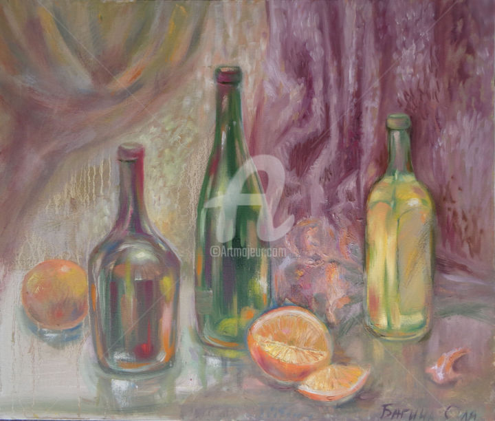 Malarstwo zatytułowany „Wine and orange” autorstwa Olga Bagina, Oryginalna praca, Olej
