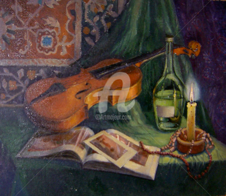 Painting titled "Violin on a green s…" by Olga Bagina, Original Artwork, Oil