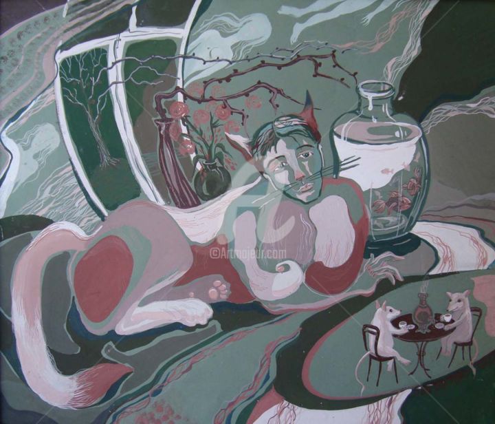 Рисунок под названием "Bored Catman" - Olga Bagina, Подлинное произведение искусства, Чернила