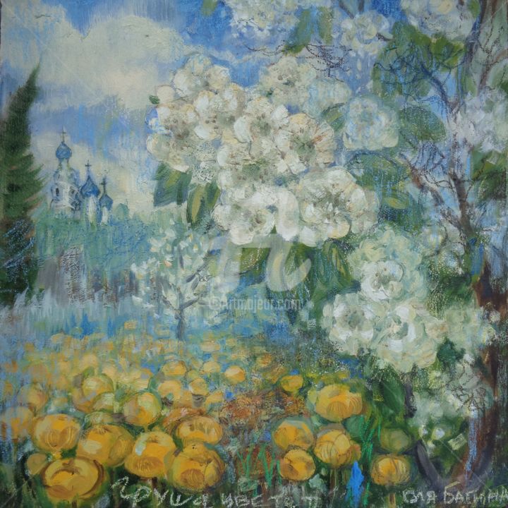 Painting titled "Pear blossoms" by Olga Bagina, Original Artwork, Oil