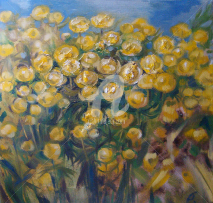 Painting titled "Yellow flowers" by Olga Bagina, Original Artwork, Oil