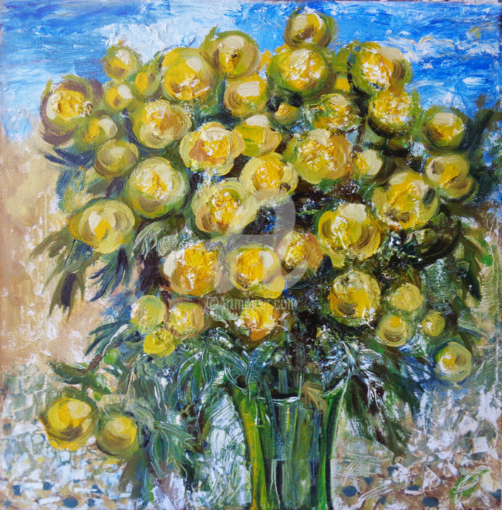 Schilderij getiteld "Globeflowers bouquet" door Olga Bagina, Origineel Kunstwerk, Olie