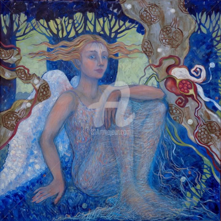 Malerei mit dem Titel "Angel in blue" von Olga Bagina, Original-Kunstwerk, Öl