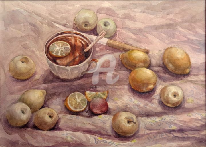 Pintura titulada "Lemon tea" por Olga Bagina, Obra de arte original, Acuarela