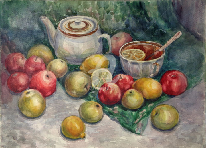 Painting titled "Tea with lemon on g…" by Olga Bagina, Original Artwork, Watercolor