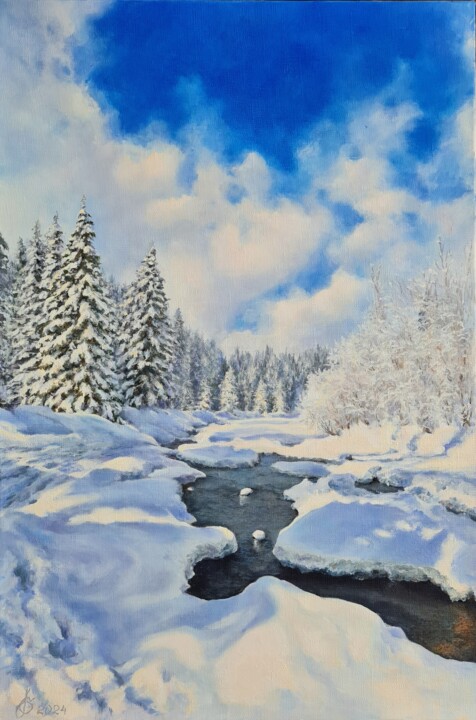 Картина под названием "Март. Река Иксу,  Х…" - Olga Batura, Подлинное произведение искусства, Масло Установлен на Деревянная…