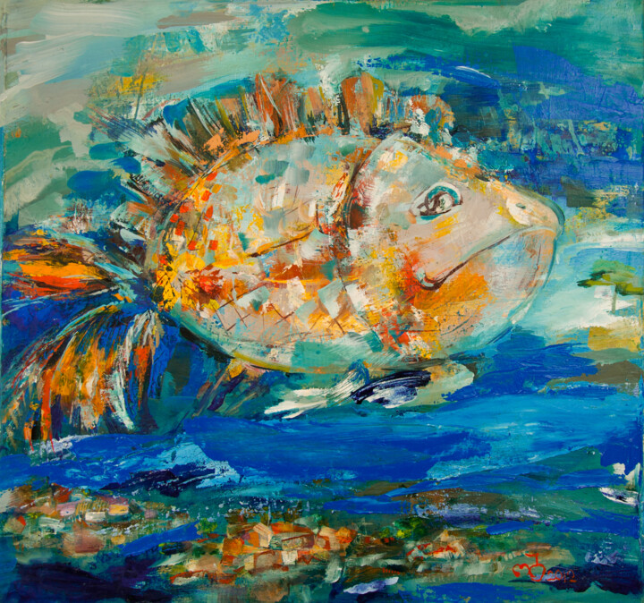Peinture intitulée "Fish over the city" par Olga Beblova, Œuvre d'art originale, Acrylique