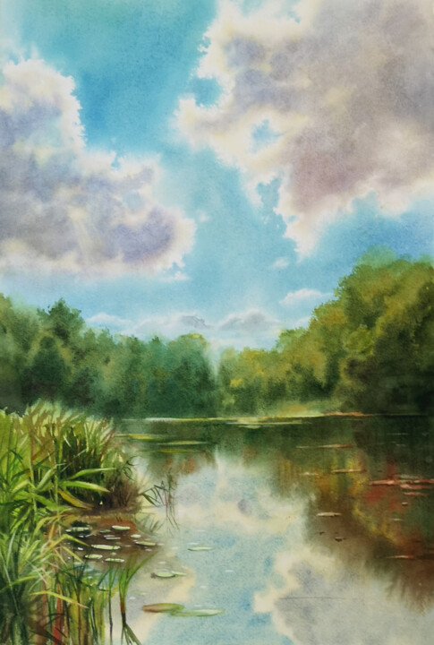 Peinture intitulée "Forest Pond at Summ…" par Olga Beliaeva, Œuvre d'art originale, Aquarelle