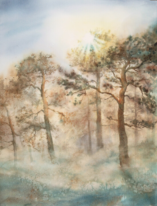 Painting titled "Misty Morning in th…" by Olga Beliaeva, Original Artwork, Watercolor