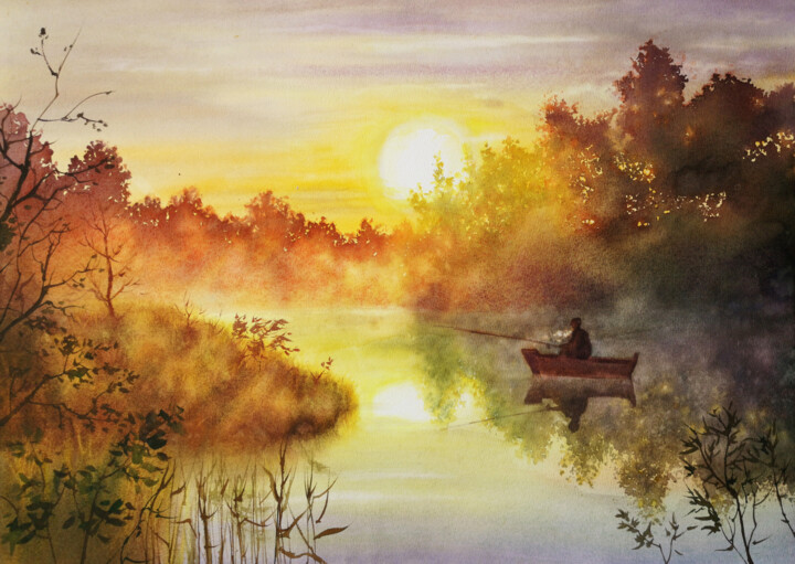 Картина под названием "Foggy Serenity - Mi…" - Olga Beliaeva, Подлинное произведение искусства, Акварель