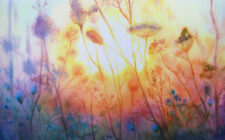 Картина под названием "Sunset Serenity - W…" - Olga Beliaeva, Подлинное произведение искусства, Акварель