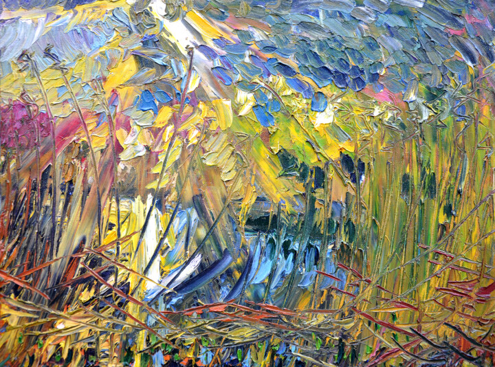 Painting titled "73x89 Sun rays over…" by Olga Bezhina, Original Artwork, Oil Mounted on Wood Stretcher frame