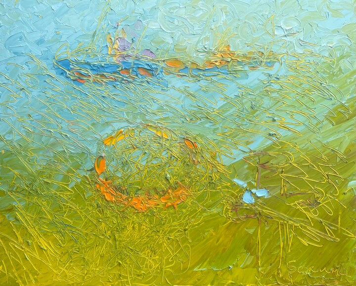 Painting titled "Fishing nets" by Olga Bezhina, Original Artwork, Oil Mounted on Wood Stretcher frame