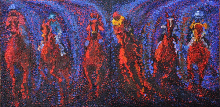 Painting titled "Races 1" by Olga Bezhina, Original Artwork, Oil Mounted on Wood Stretcher frame