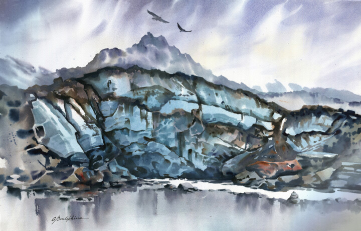 Painting titled "Shkhelda glacier 01" by Olga Bezlepkina, Original Artwork, Watercolor