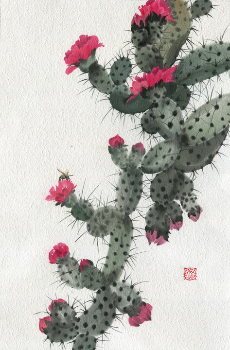 Картина под названием "Cactus in bloom #02" - Olga Bezlepkina, Подлинное произведение искусства, Чернила