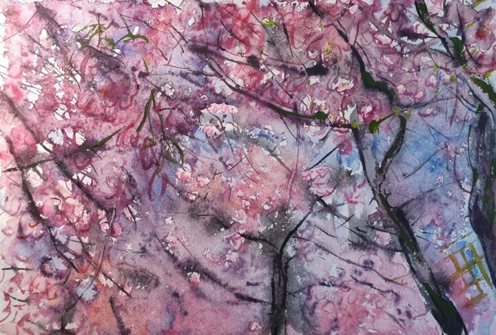 Картина под названием "Cherry Blossom in S…" - Olga Brink, Подлинное произведение искусства, Акварель